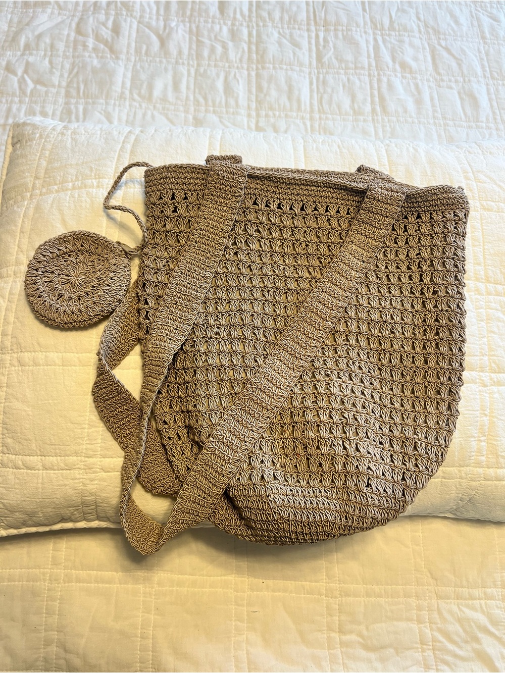 Handwoven Crochet Shoulder Tote with attached coin purse in grey